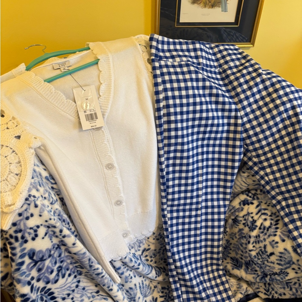 Crown & Ivy White Button Knit Cardigan with Blue Gingham Cropped Pants